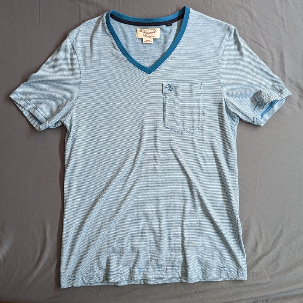 Original Penguin Blue Stripe V Neck Pocket T-shirt